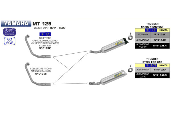 Tobă finală ARROW DARK THUNDER pentru Yamaha MT125 2014-, Aluminiu negru cu capac din oțel inoxidabil (Doar cu Galerie evacuare ARROW)