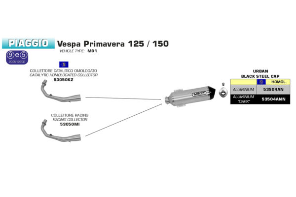 Galerie evacuare ARROW Racing pentru Piaggio Vespa Primavera125 2014-16, fără catalizator