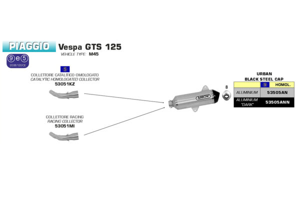 Galerie evacuare ARROW Racing pentru Piaggio Vespa GTS125i.e. 2008-16/ Vespa GTS300 2008-15, fără catalizator