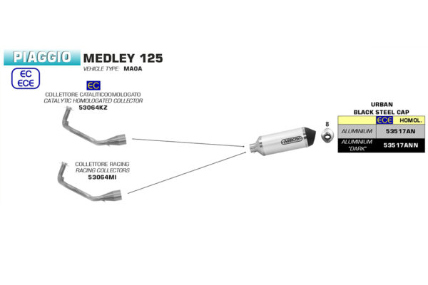 Galerie evacuare ARROW Racing pentru Piaggio Medley 125 2016-  / Medley 150 2016- , fără catalizator