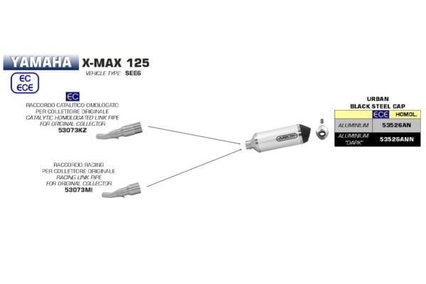 Țeavă intermediară ARROW pentru Yamaha X-MAX 125 2018- , cu catalizator