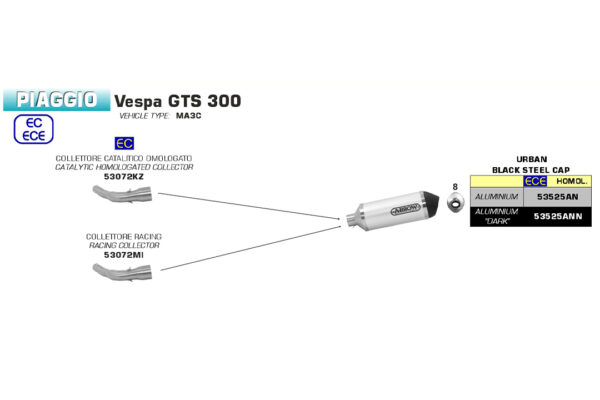 Țeavă intermediară ARROW Racing pentru Piaggio Vespa GTS300 2017- , fără catalizator