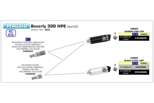 Tobă finală ARROW DARK URBAN pentru Piaggio Beverly 300 HPE 2021-, Aluminium negru și Carbon (doar cu țeavă intermediară ARROW)