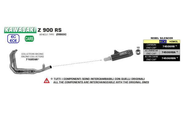 Tobă finală ARROW DARK REBEL din oțel inoxidabil cu capăt din carbon pentru Kawasaki Z900RS 2018-