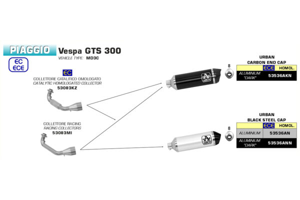 Galerie evacuare ARROW Racing pentru Piaggio Vespa GTS300 2021-, fără catalizator