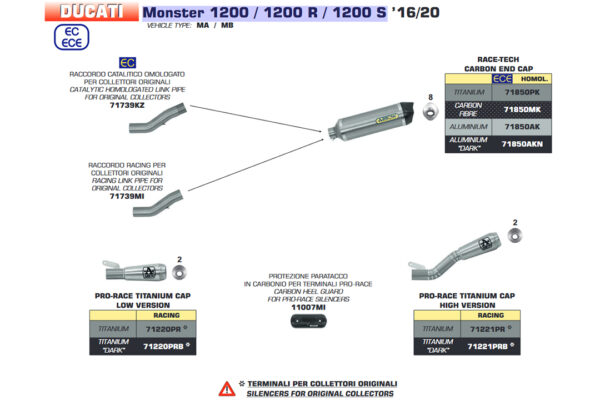 Țeavă intermediară ARROW pentru Ducati Monster 1200 2017- 1200R 2016- 1200S 2017, cu catalizator