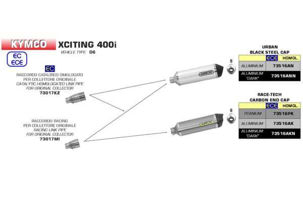 Țeavă intermediară ARROW pentru Kymco XCiting 400i 2012-16, cu catalizator