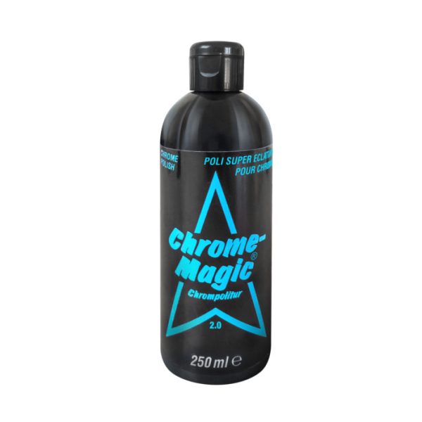 Sticlă de 250 ml Chrome-Magic 2.0 pentru curățare, lustruire și protejare a suprafețelor cromate și metalice.