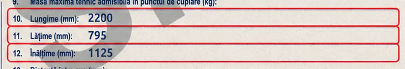 CIV motocicletă: rubricile pentru lungime, lățime și înălțime