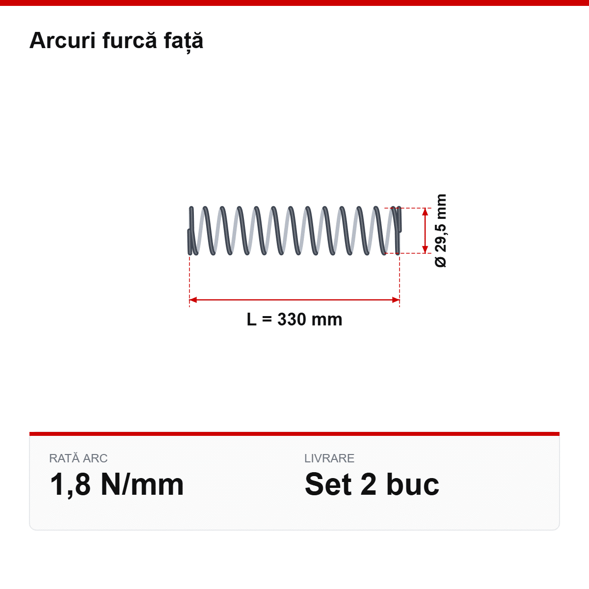 Desen tehnic arcuri furcă față Ø29,5 × 330 mm, 1,8 N/mm