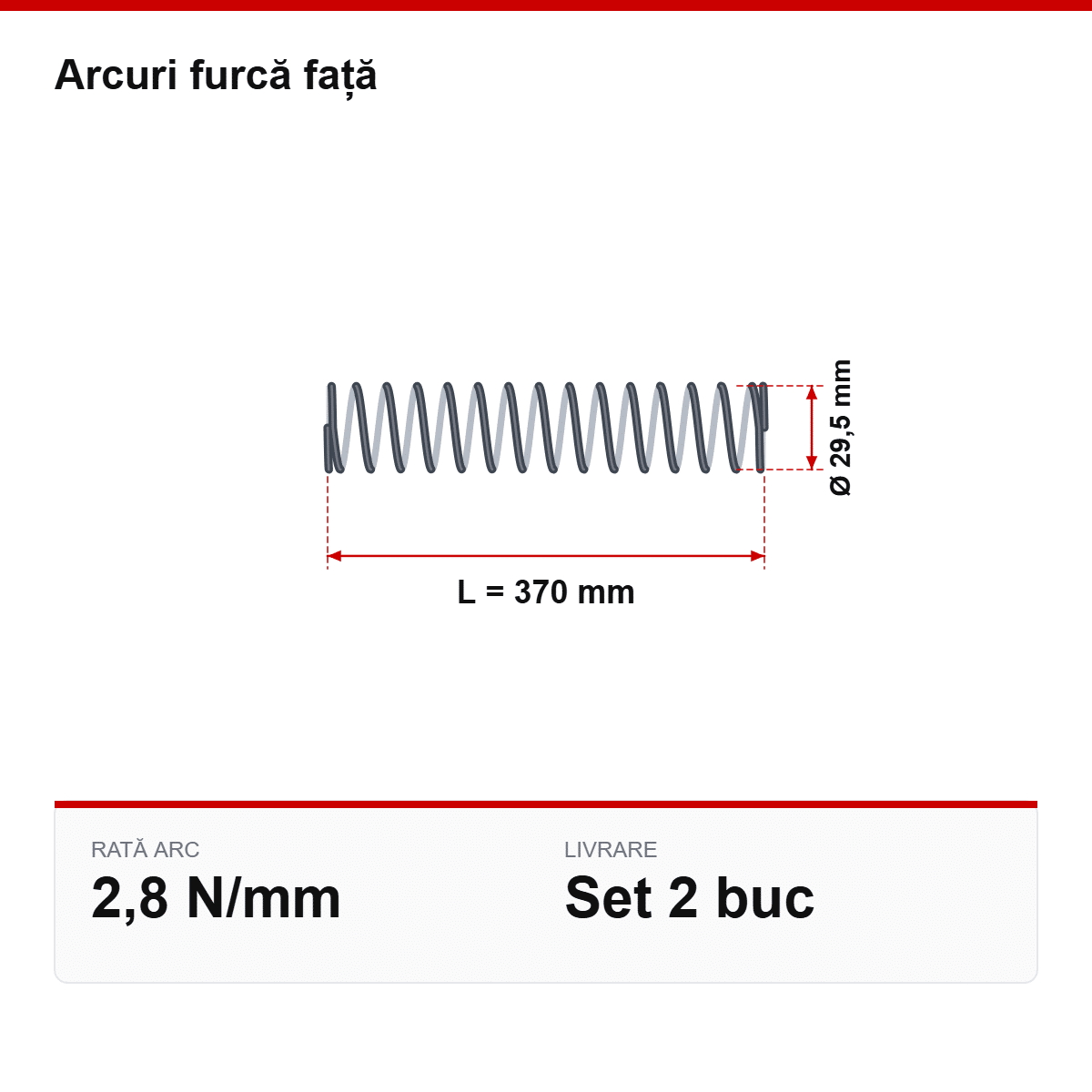 Desen tehnic arcuri furcă față Ø29,5 × 370 mm, 2,8 N/mm