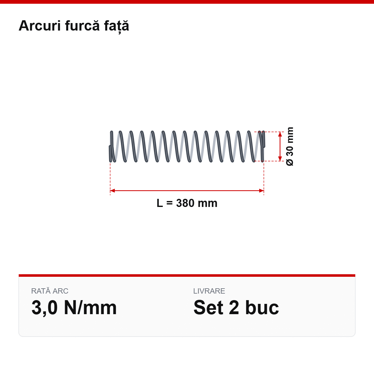 Desen tehnic arcuri furcă față Ø30 × 380 mm, 3,0 N/mm
