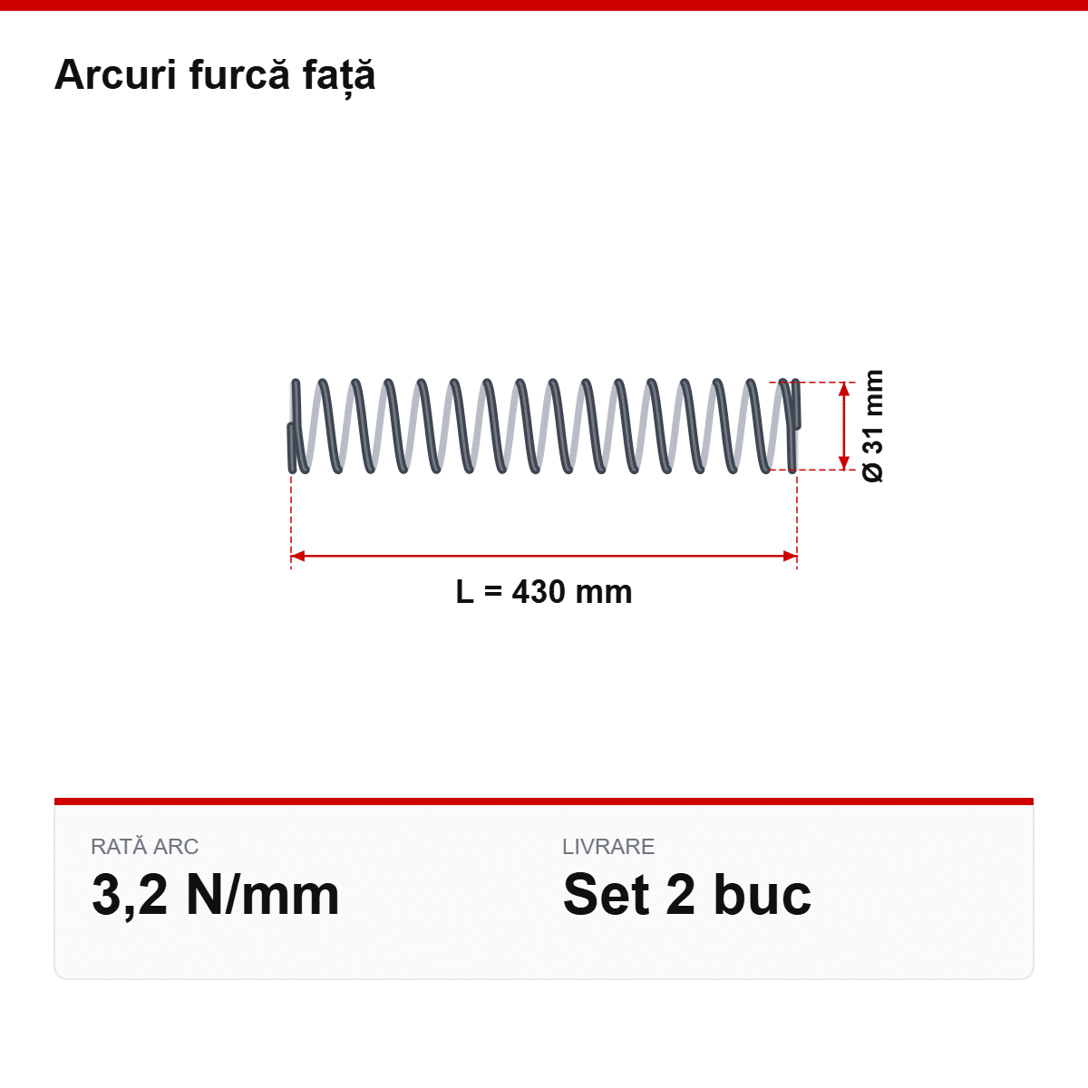 Desen tehnic arcuri furcă față Ø31 × 430 mm, 3,2 N/mm