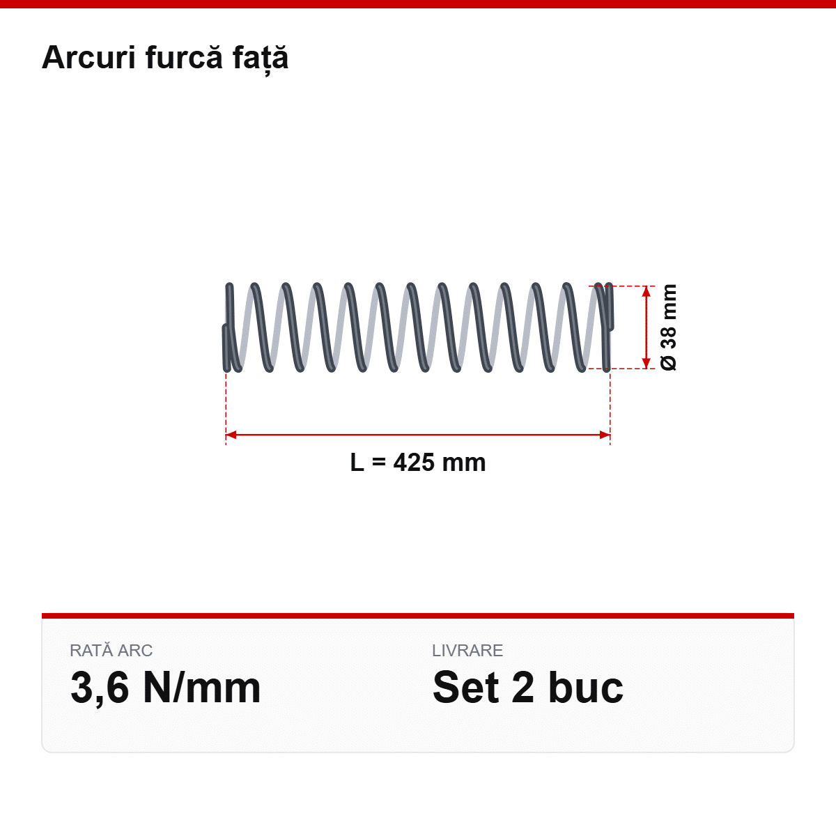 Desen tehnic arcuri furcă față Ø38 × 425 mm, 3,6 N/mm