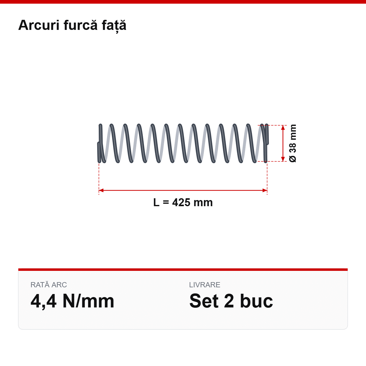 Desen tehnic arcuri furcă față Ø38 × 425 mm, 4,4 N/mm
