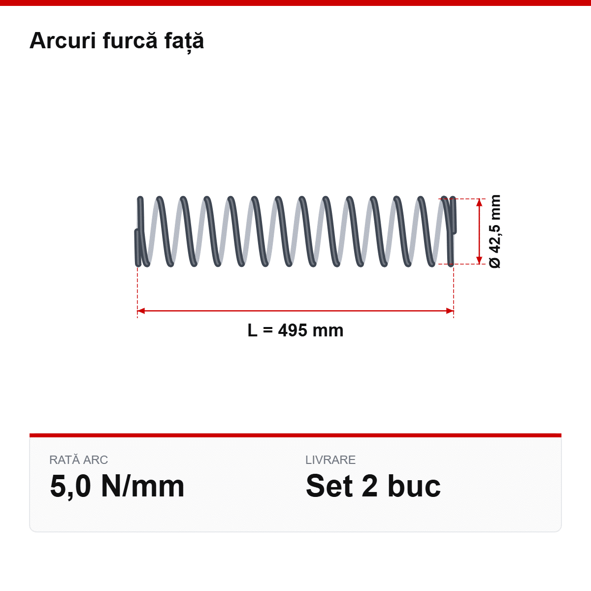 Desen tehnic arcuri furcă față Ø42,5 × 495 mm, 5,0 N/mm