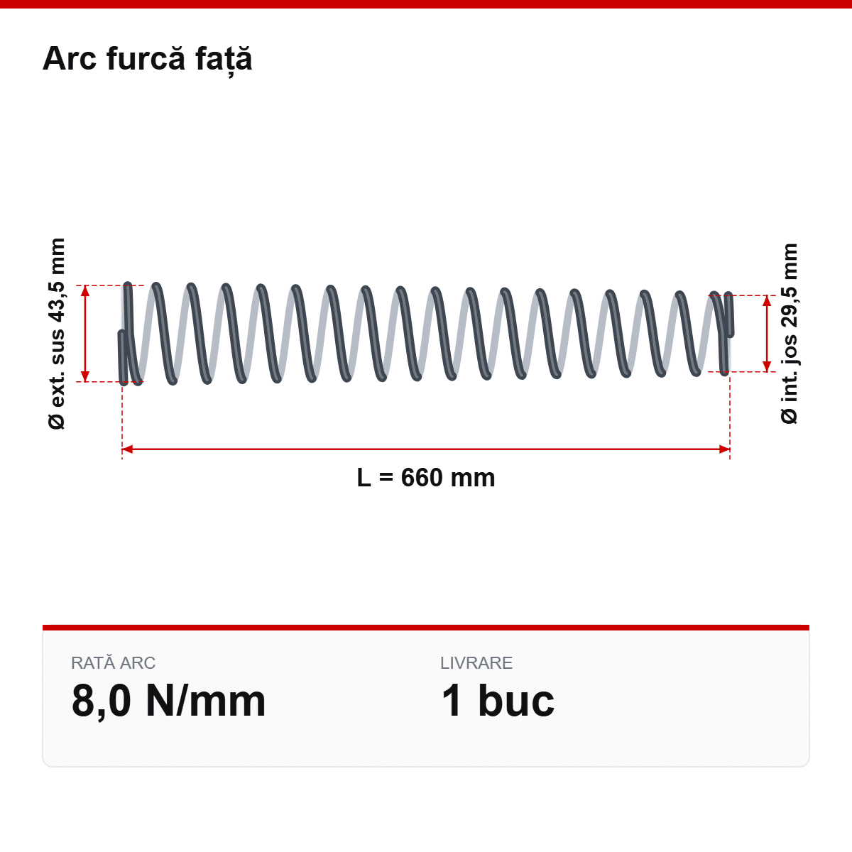 Desen tehnic arc furcă față Ø43,5/29,5 × 660 mm, 8,0 N/mm