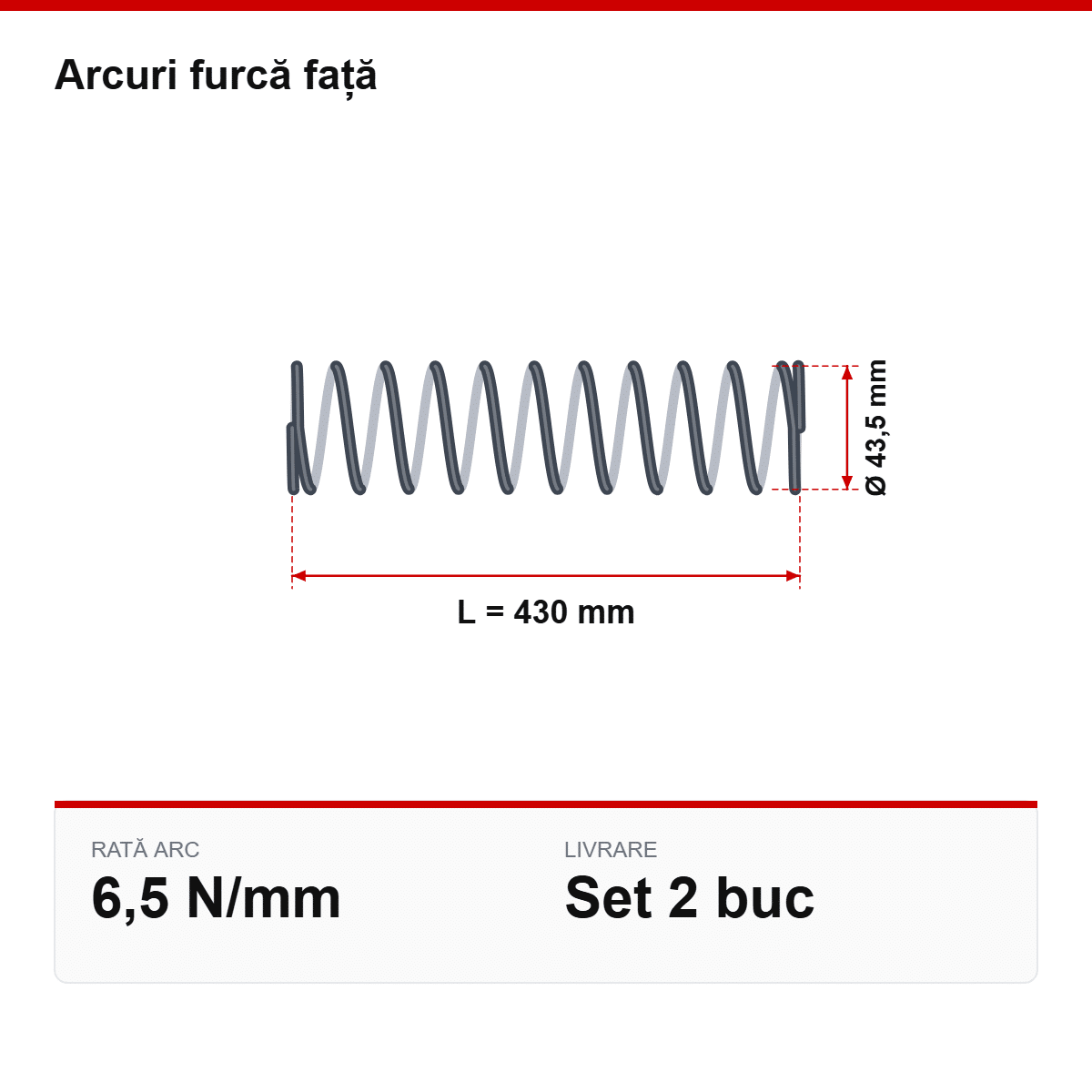 Desen tehnic arcuri furcă față Ø43,5 × 430 mm, 6,5 N/mm