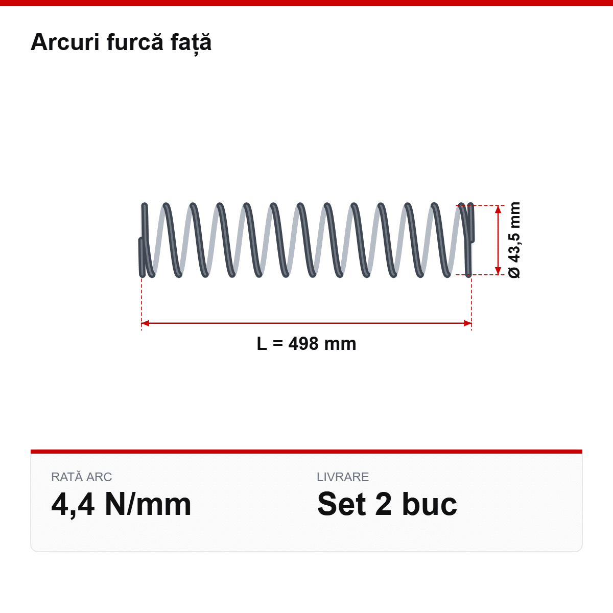 Desen tehnic arcuri furcă față Ø43,5 × 498 mm, 4,4 N/mm