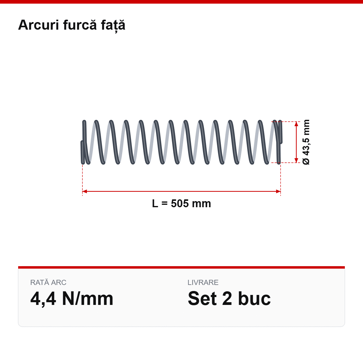 Desen tehnic arcuri furcă față Ø43,5 × 505 mm, 4,4 N/mm