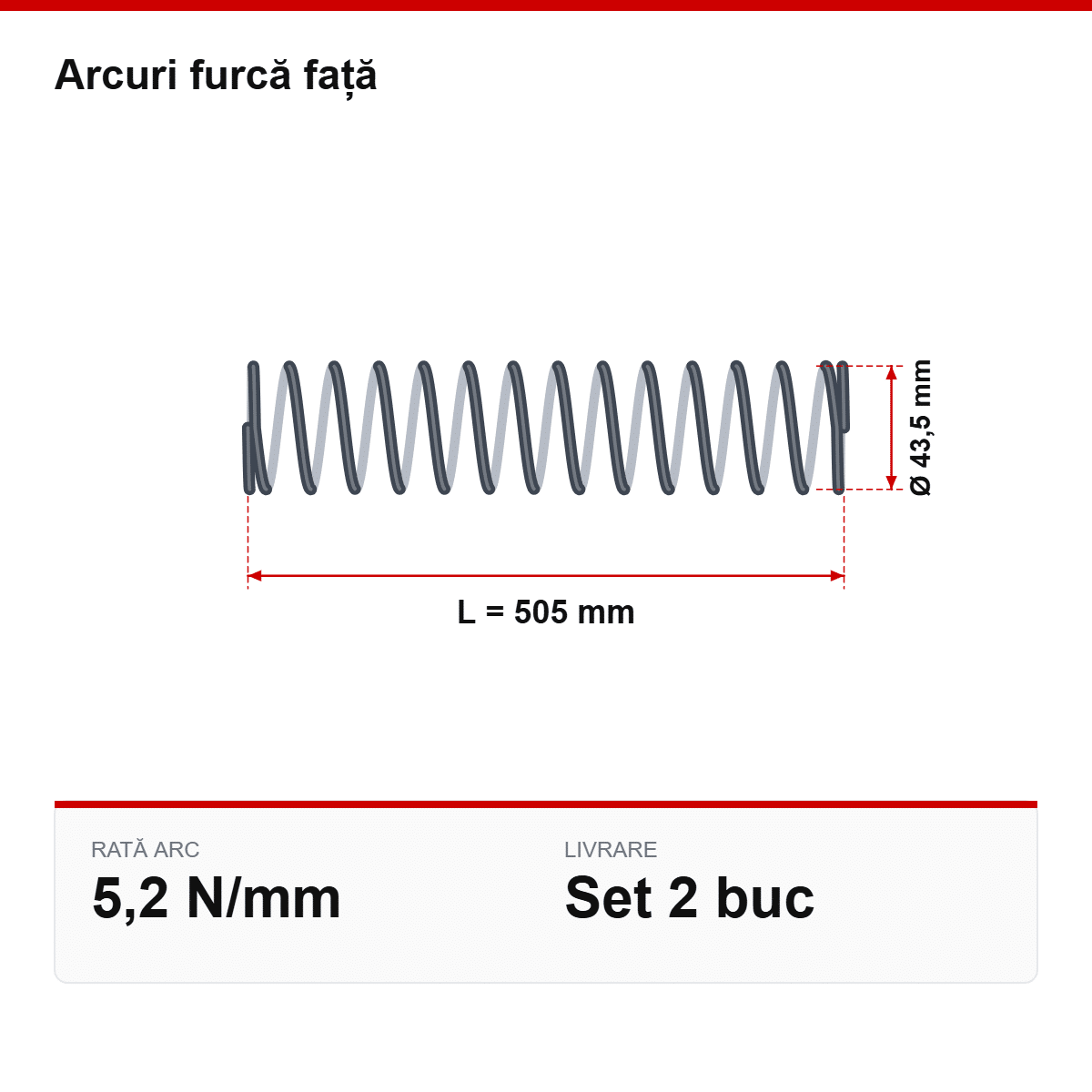 Desen tehnic arcuri furcă față Ø43,5 × 505 mm, 5,2 N/mm