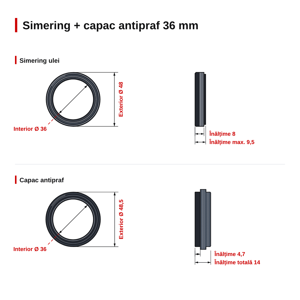 Set simeringuri și capace de praf furcă față 36.00mm KYB – simering 36x48x8/9.5 – dimensiuni