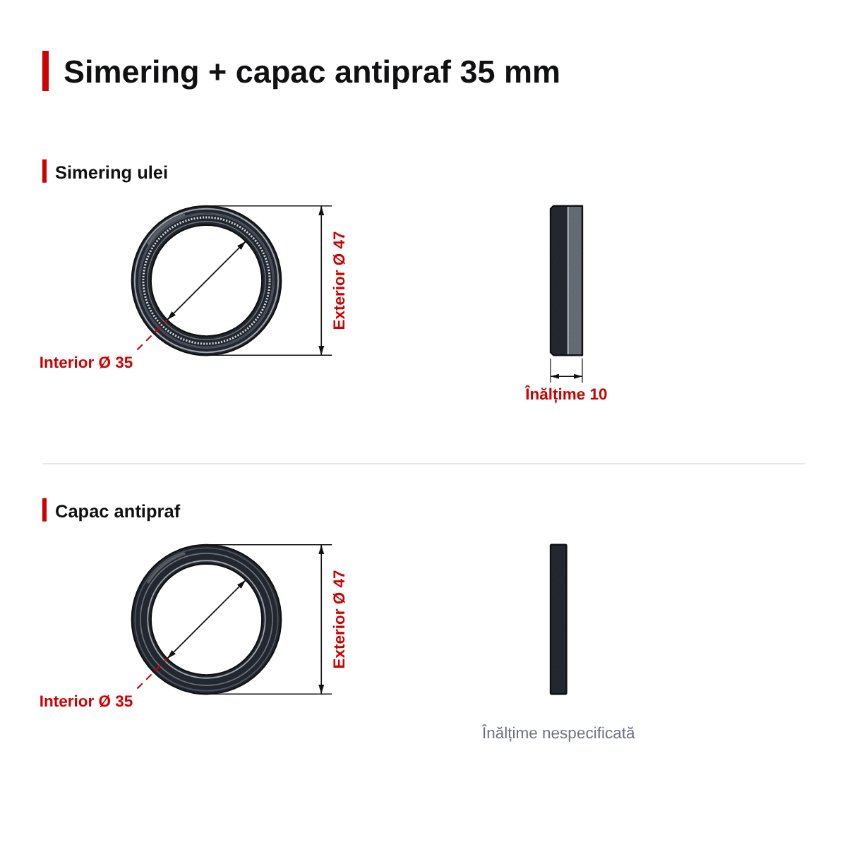 Set simeringuri și capace de praf furcă față 35.00mm Marzocchi – simering 35x47x10 – dimensiuni