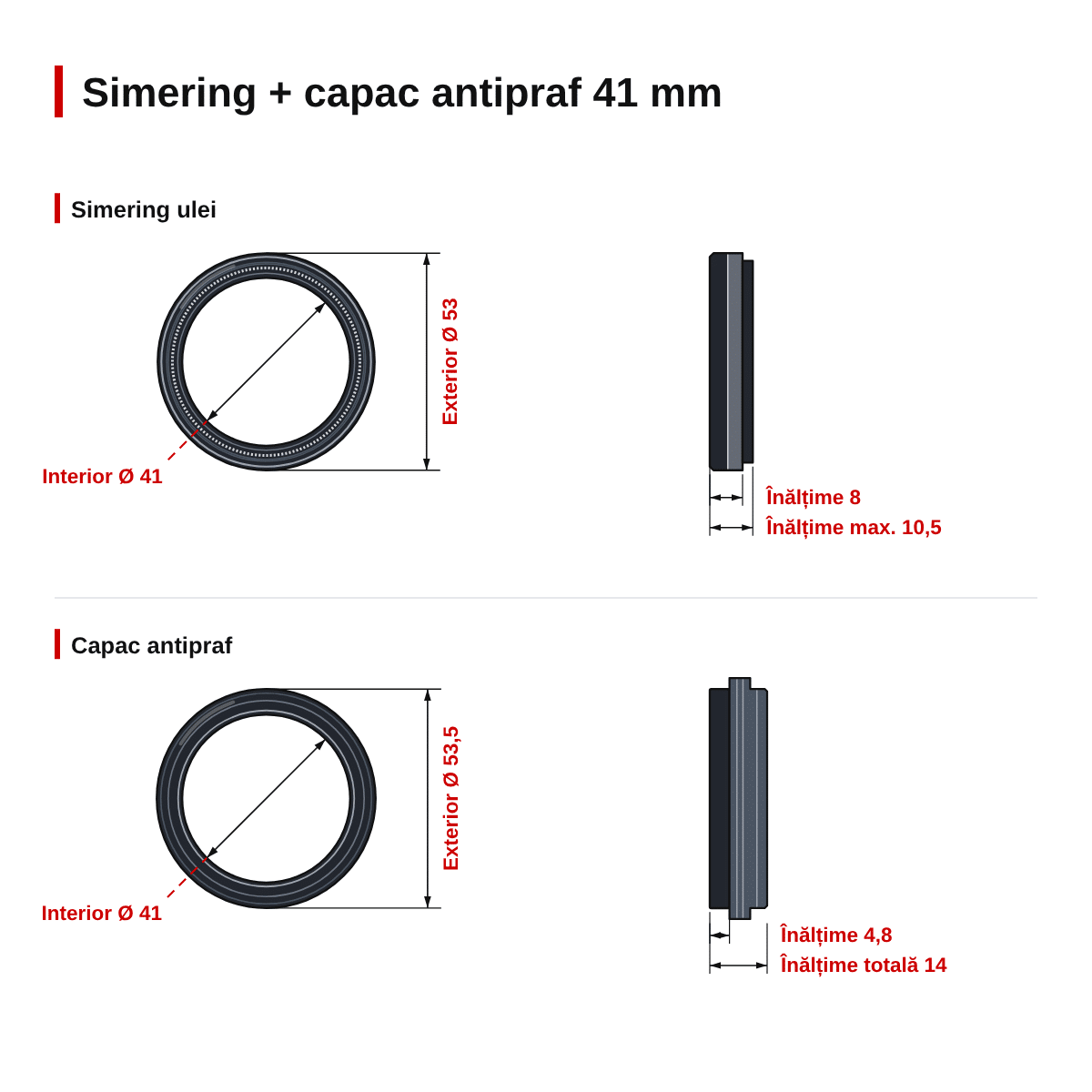 Set simeringuri și capace de praf furcă față 41.00mm KYB – simering 41x53x8/10.5 – dimensiuni