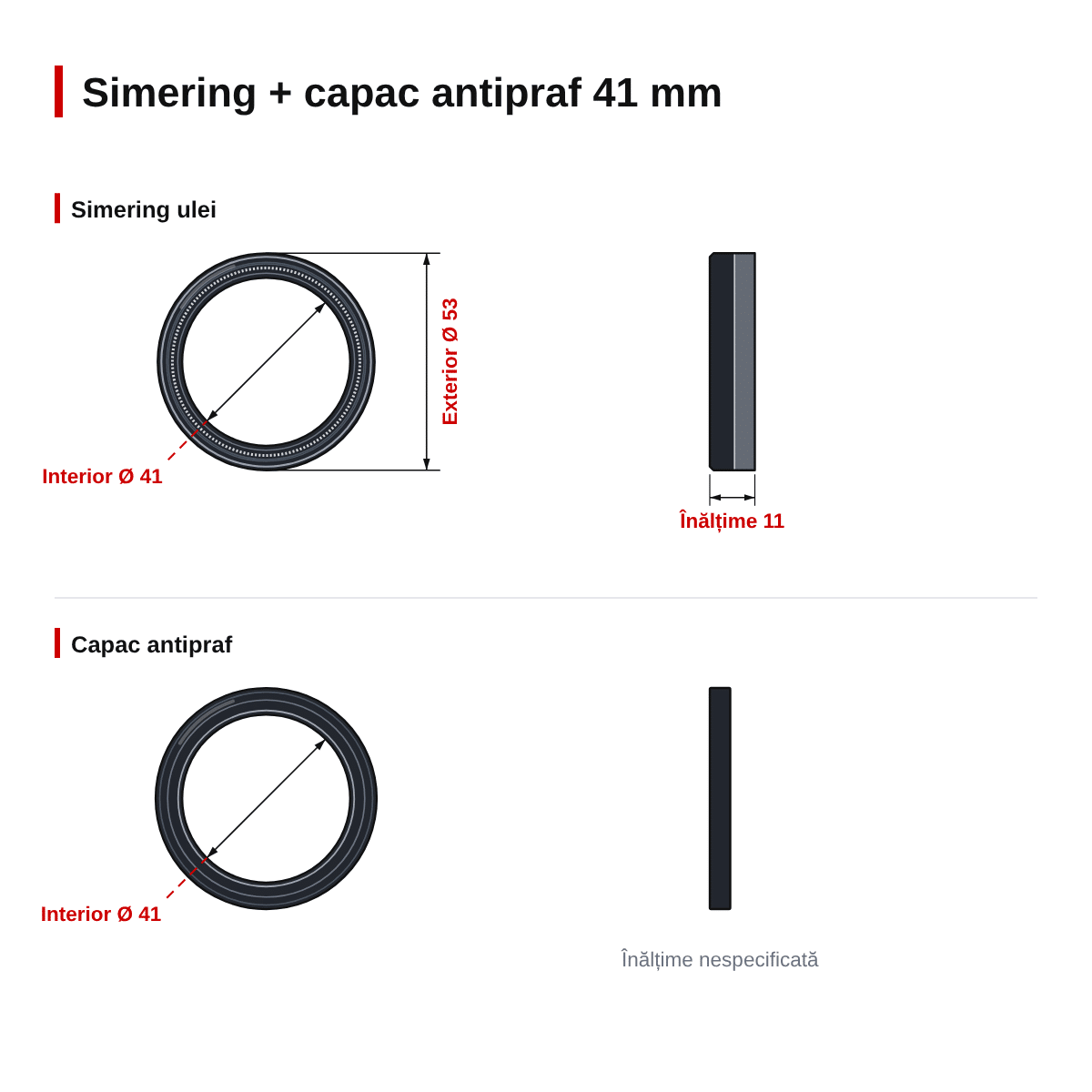 Set simeringuri și capace de praf furcă față 41.00mm Soqi – simering 41x53x11 – dimensiuni