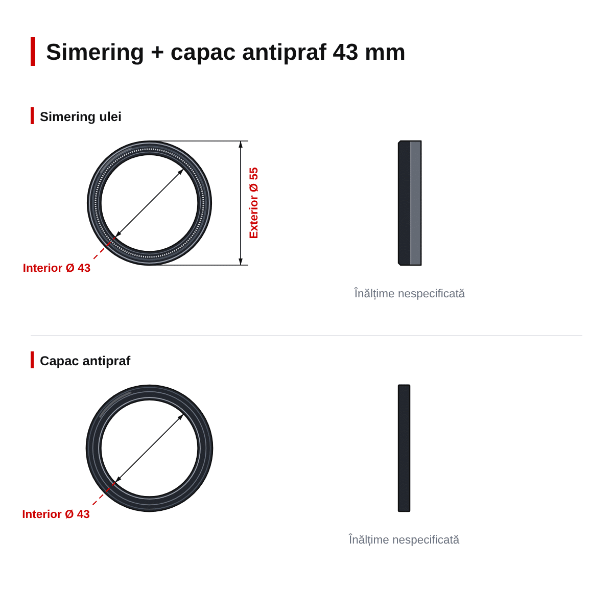 Set simeringuri și capace de praf furcă față 43.00mm Ohlins – simering 43x55 – dimensiuni