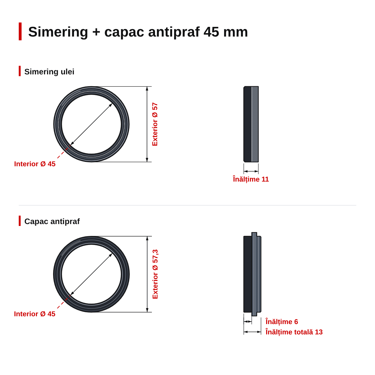 Set simeringuri și capace de praf furcă față 45.00mm Showa – simering 45x57x11 – dimensiuni