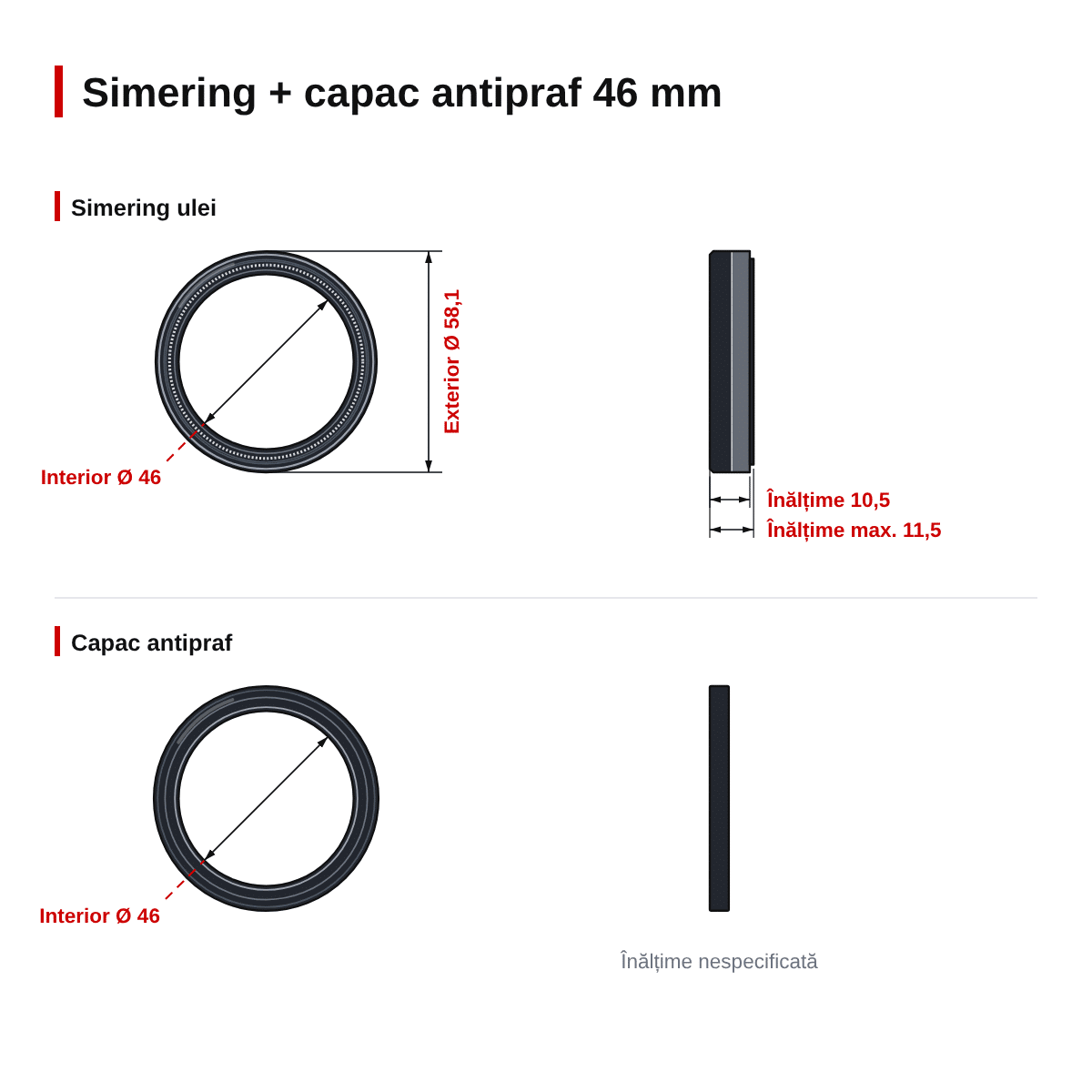 Set simeringuri și capace de praf furcă față 46.00mm KYB – simering 46x58.1x10.5/11.5 – dimensiuni