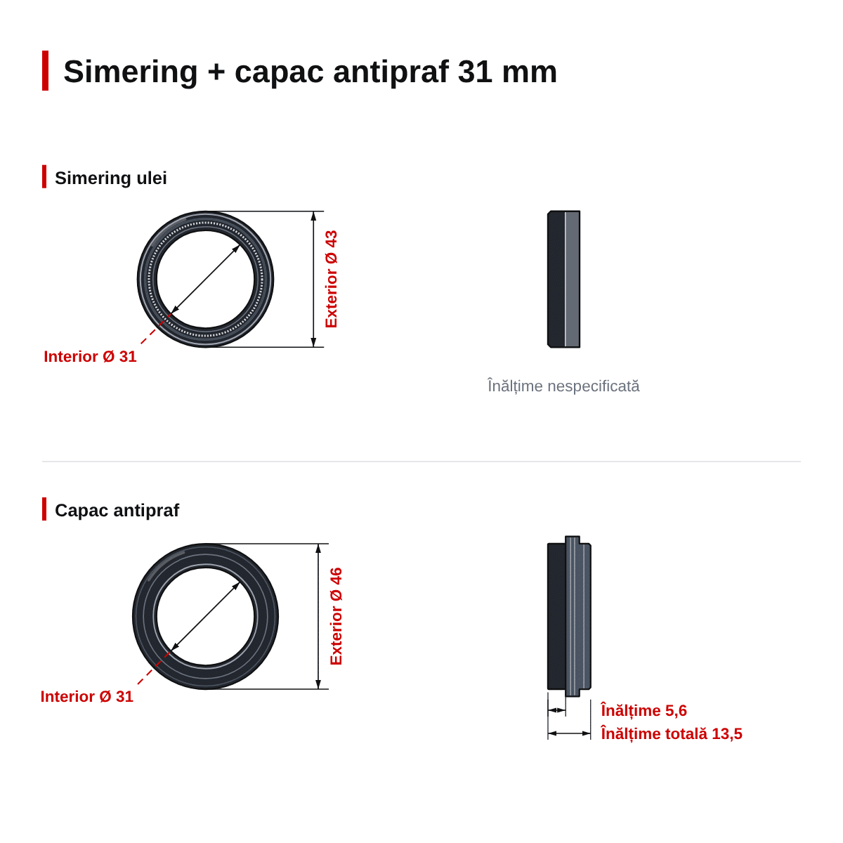 Set simeringuri și capace de praf furcă față 31.00mm Showa – simering 31x43 – dimensiuni