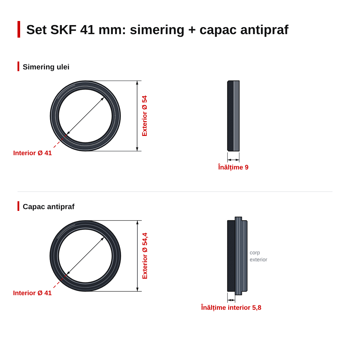 Set simering + capac praf furcă moto SKF Showa 41 – 41 x 54 x 9 mm (verde) – dimensiuni