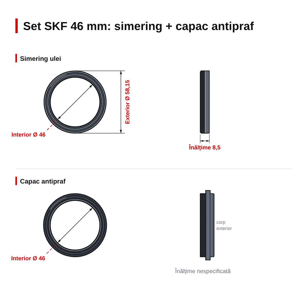 Set simering + capac praf furcă moto SKF KYB 46 – 46 x 58,15 x 8,5 mm (verde) – dimensiuni