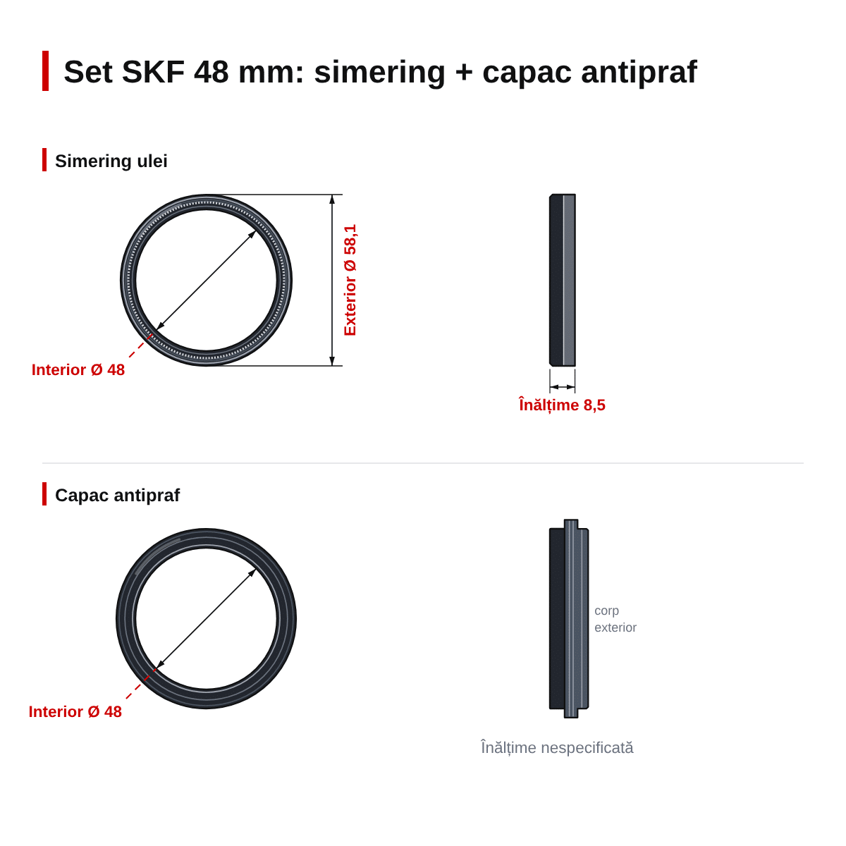 Set simering + capac praf furcă moto SKF KYB 48 HD – 48 x 58,1 x 8,5 mm – dimensiuni