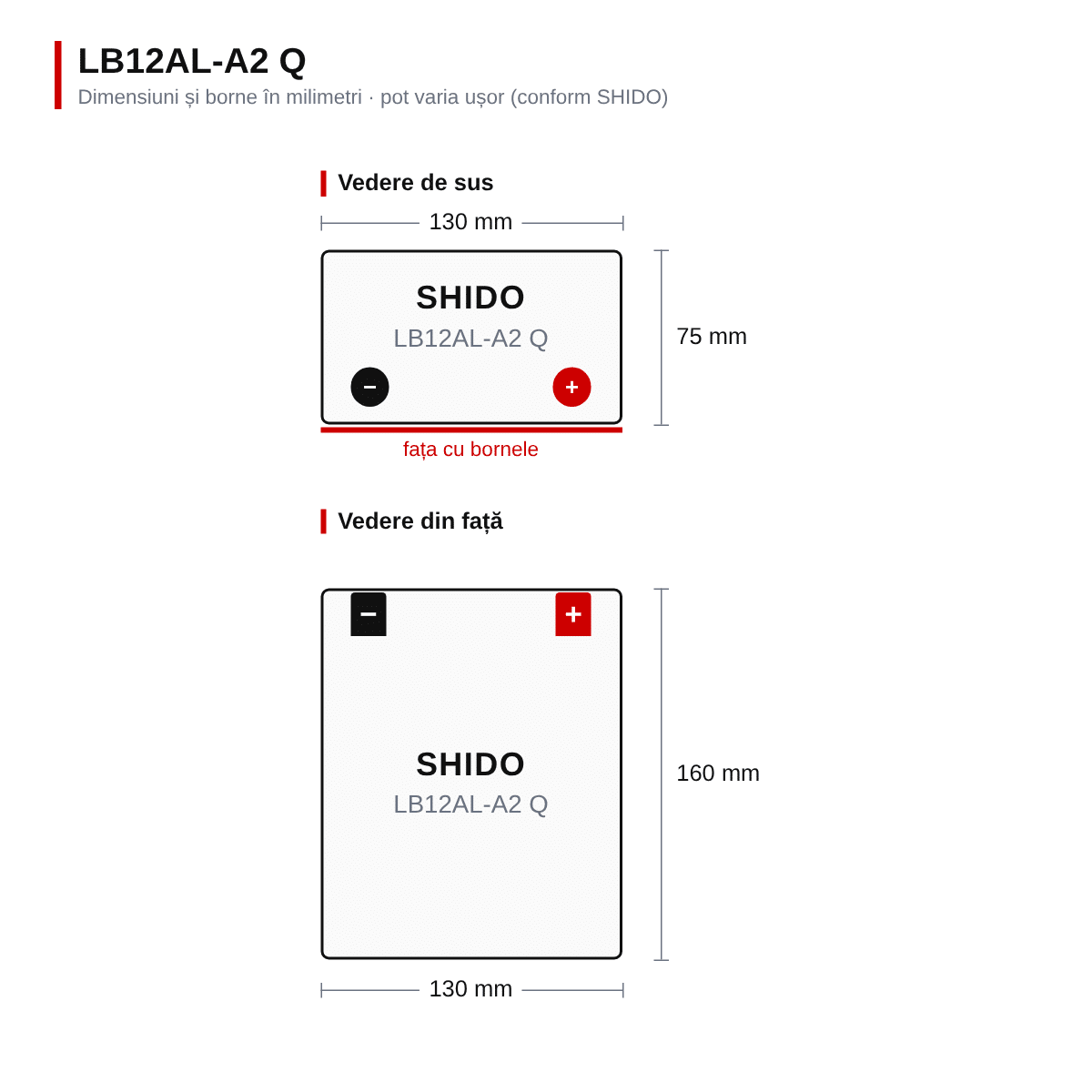 Baterie moto litiu SHIDO LB12AL-A2 Q LiFePO4 12V 4Ah 280A – înlocuiește YB12AL-A2 – dimensiuni