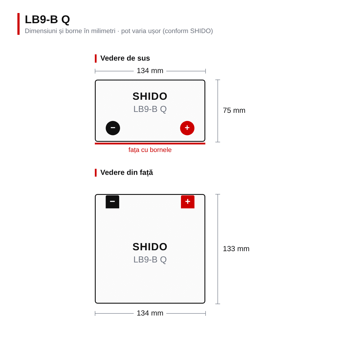 Baterie moto litiu SHIDO LB9-B Q LiFePO4 12V 3Ah 210A – înlocuiește YB9-B – dimensiuni