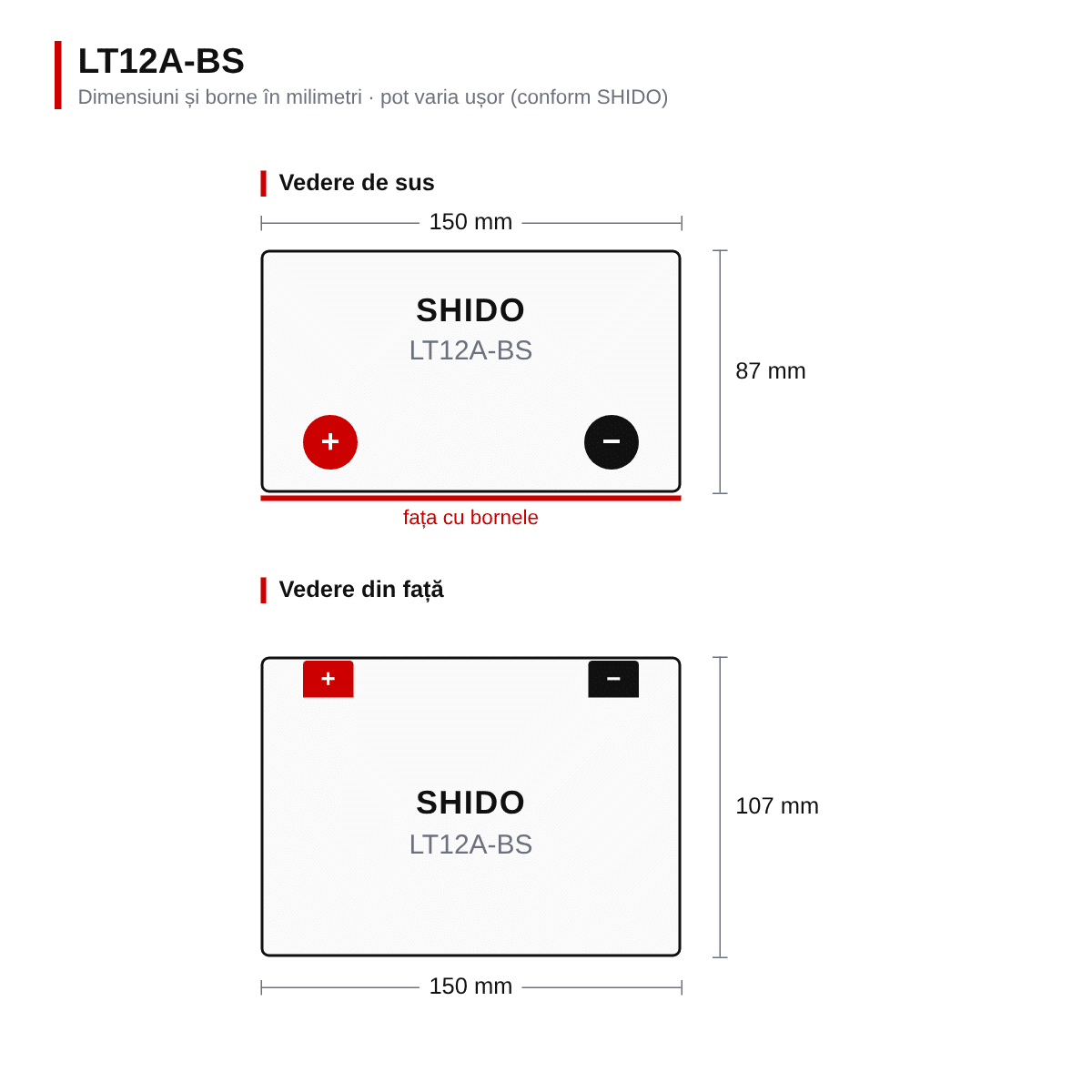 Baterie moto litiu SHIDO LT12A-BS LiFePO4 12V 4Ah 280A – înlocuiește YT12A-BS – dimensiuni