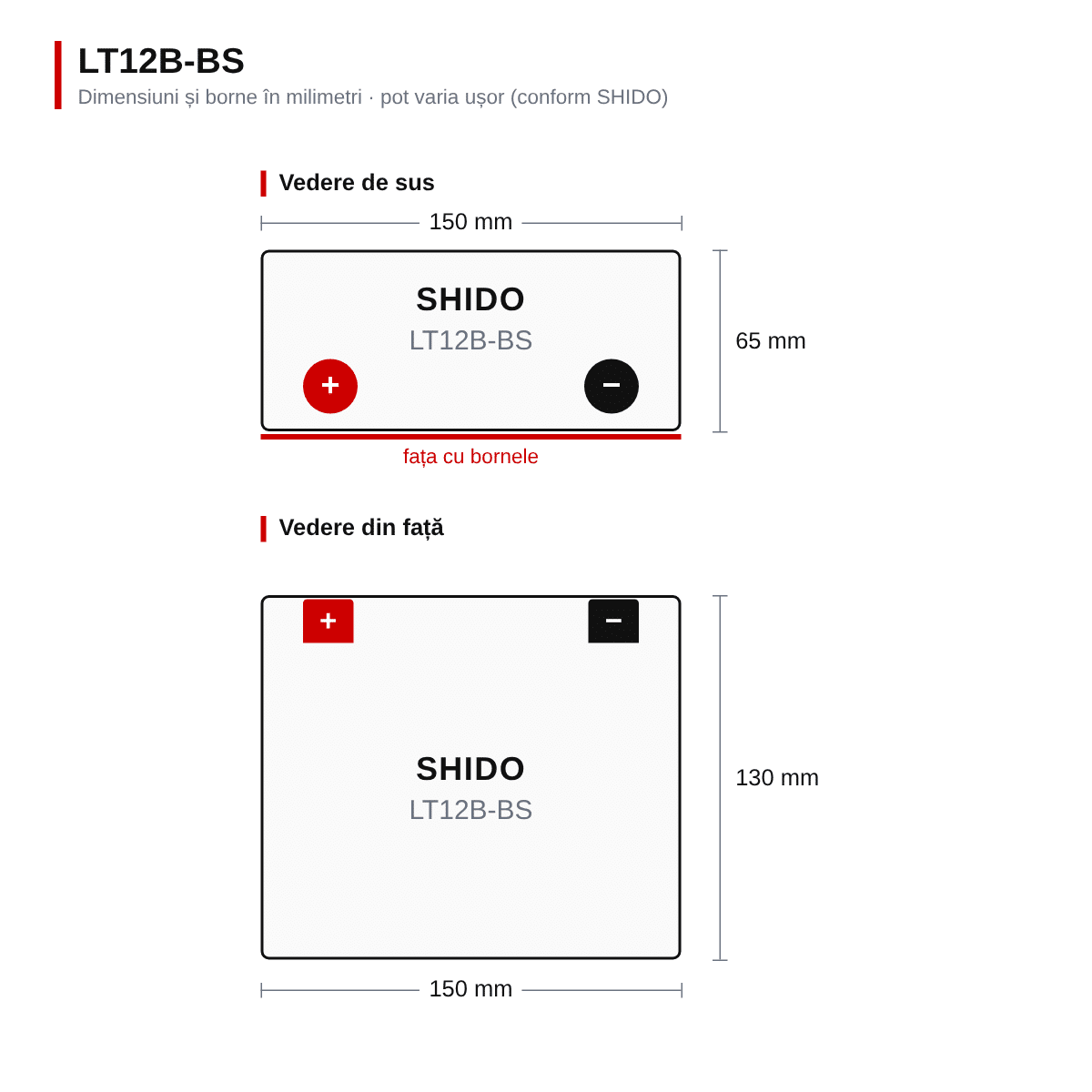 Baterie moto litiu SHIDO LT12B-BS LiFePO4 12V 5Ah 325A – înlocuiește YT12B-BS – dimensiuni