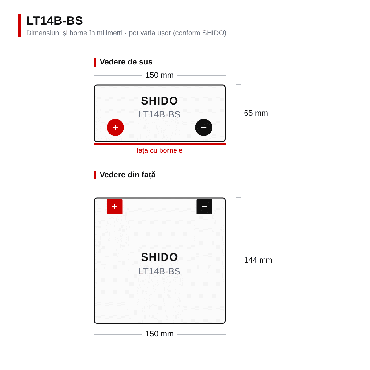 Baterie moto litiu SHIDO LT14B-BS LiFePO4 12V 5Ah 325A – înlocuiește YT14B-BS – dimensiuni