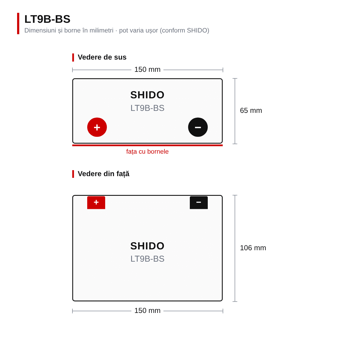 Baterie moto litiu SHIDO LT9B-BS LiFePO4 12V 3Ah 210A – înlocuiește YT9B-BS – dimensiuni