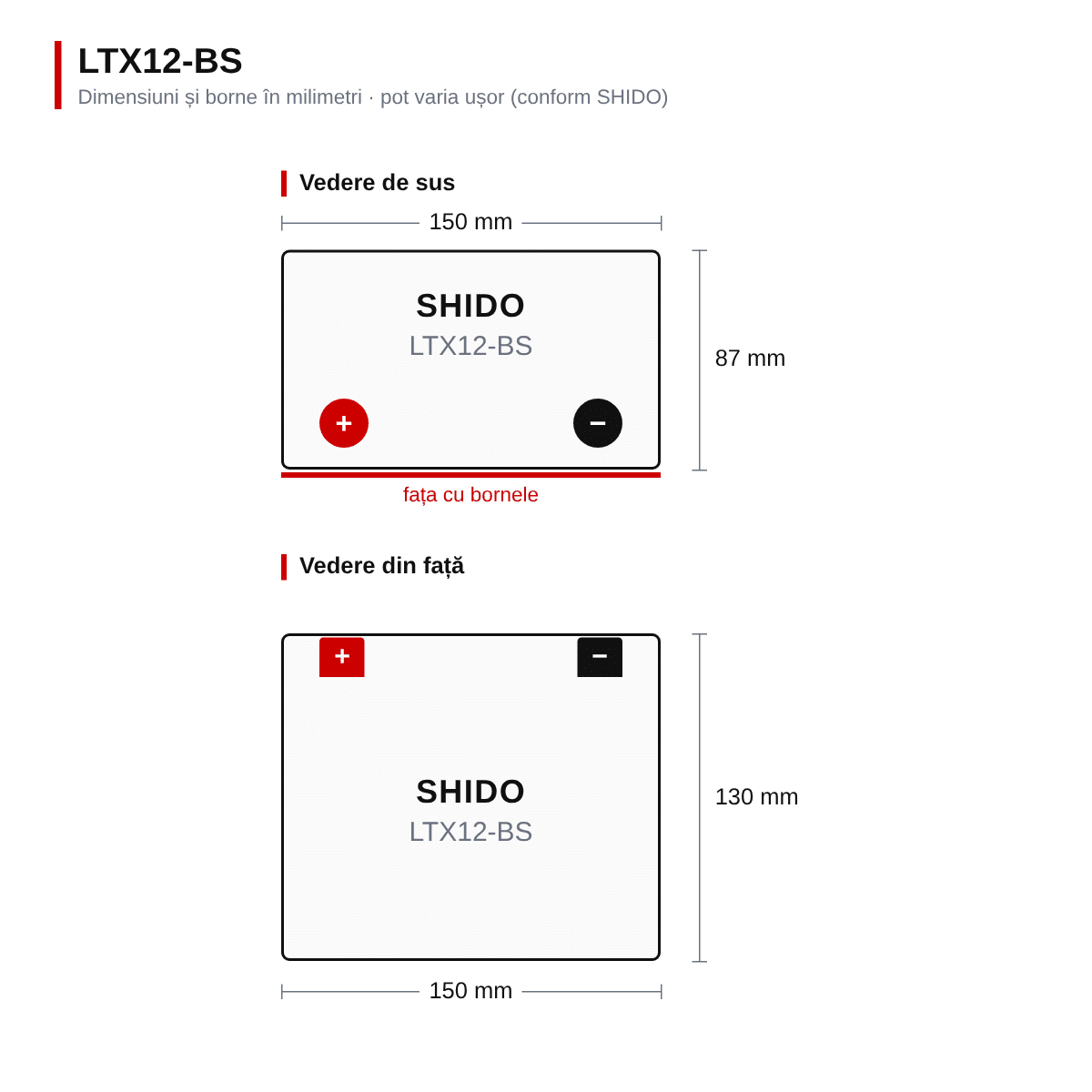 Baterie moto litiu SHIDO LTX12-BS LiFePO4 12V 4Ah 280A – înlocuiește YTX12-BS – dimensiuni